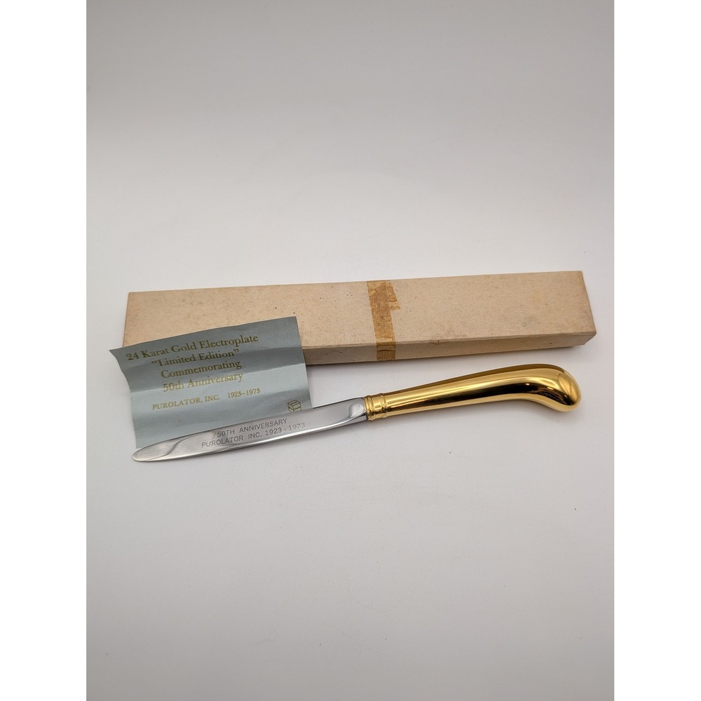 Purolator 50th Anniversary Letter Opener 24K Gold Electroplate Limited Edition
